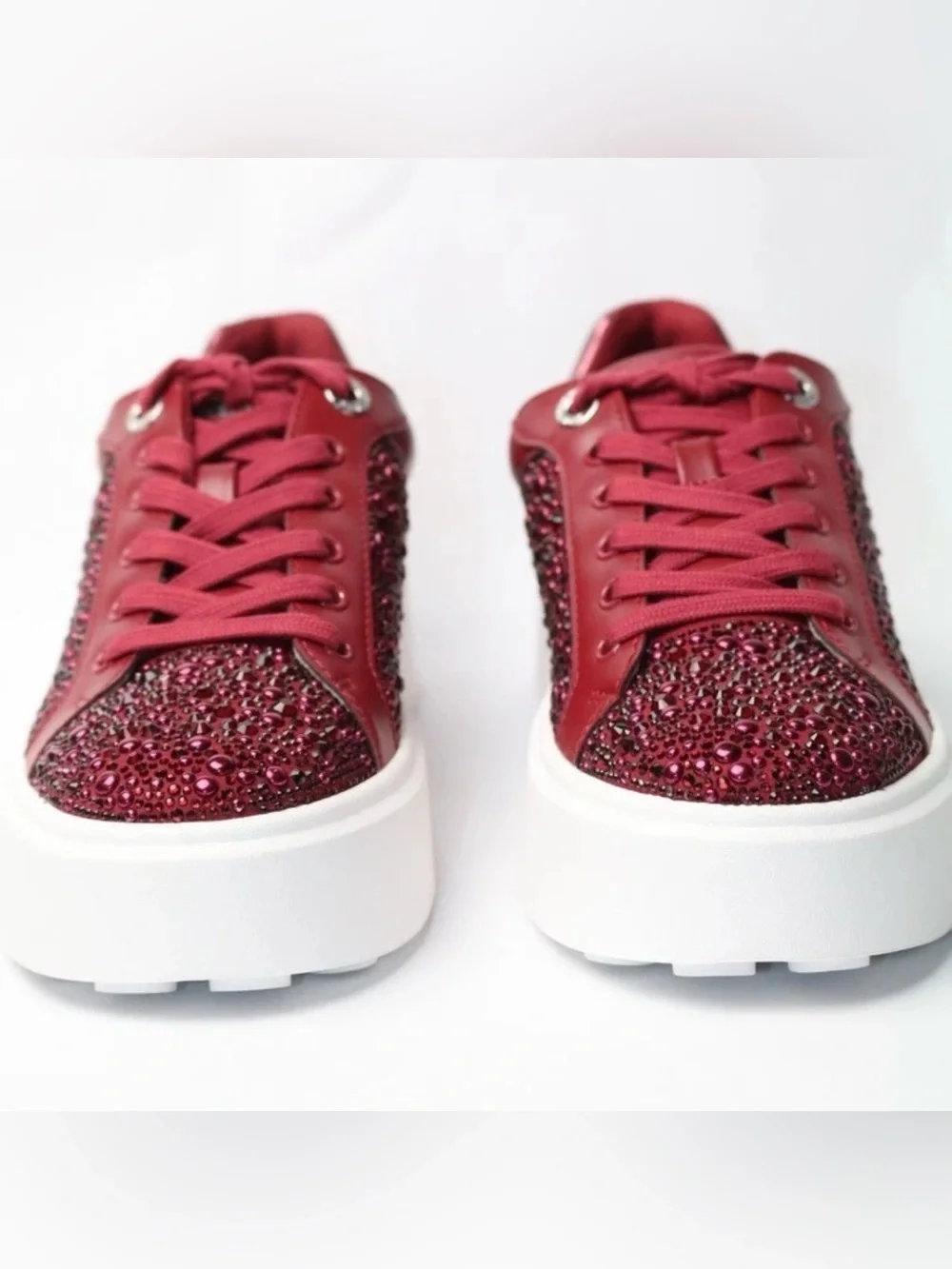 Michael Kors Romey Lace Up Red Crystal-Embellished Platform Sneakers